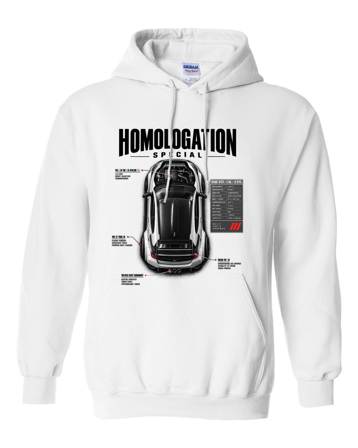Spec poster style print of a Toyota GR Yaris with G16E-GTS 1.6L 3 cylinder text white pull over hoodie front view with the design