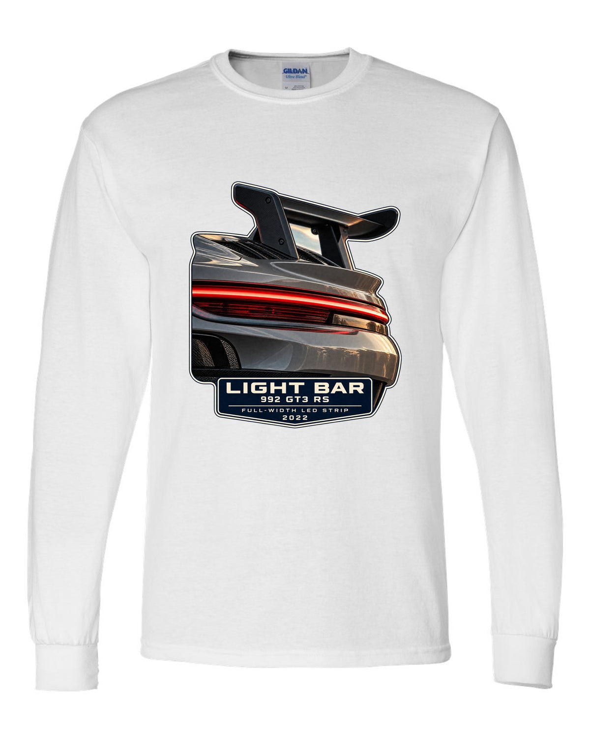 Porsche 992 GT3 RS taillight macro light bar print design white long sleeve front view with the design