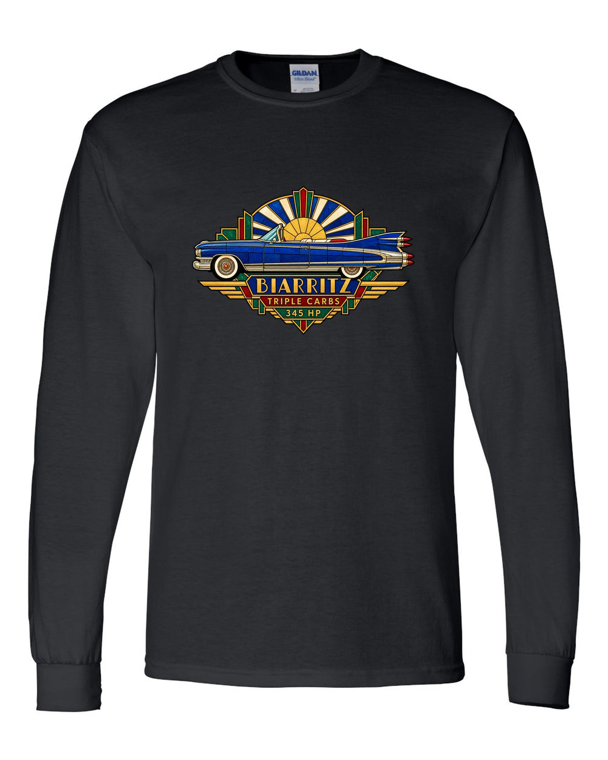 1959 Cadillac Eldorado Biarritz in Art Deco stained-glass geometric style black long sleeve front view with the design