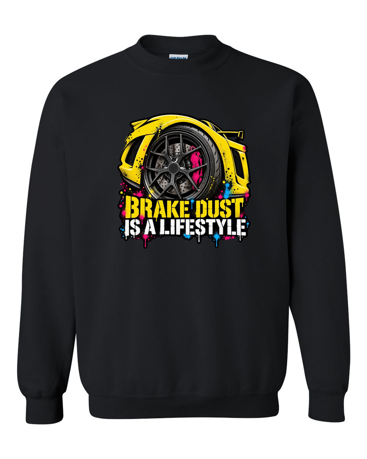 Lotus Exige stencil spray street art with BRAKE DUST IS A LIFESTYLE lettering black crewneck front view with the design