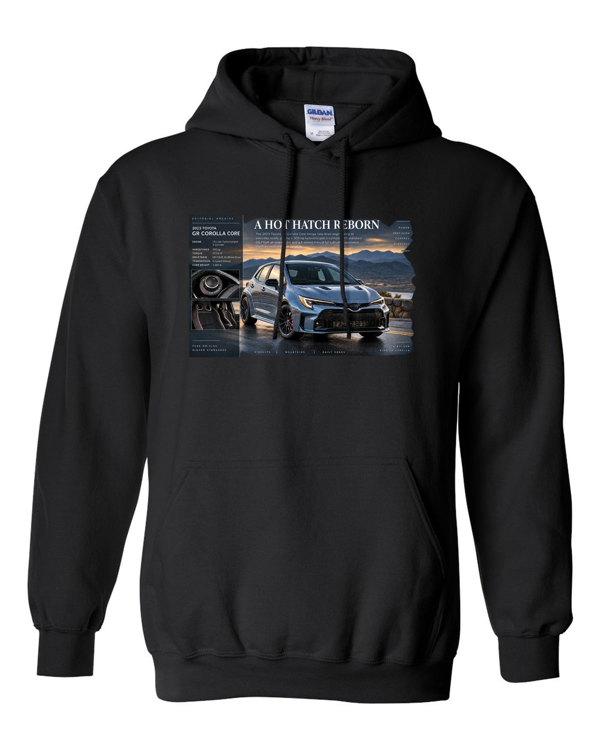 Toyota GR Corolla Core 2023 front three-quarter archive panel black pull over hoodie front view with the design