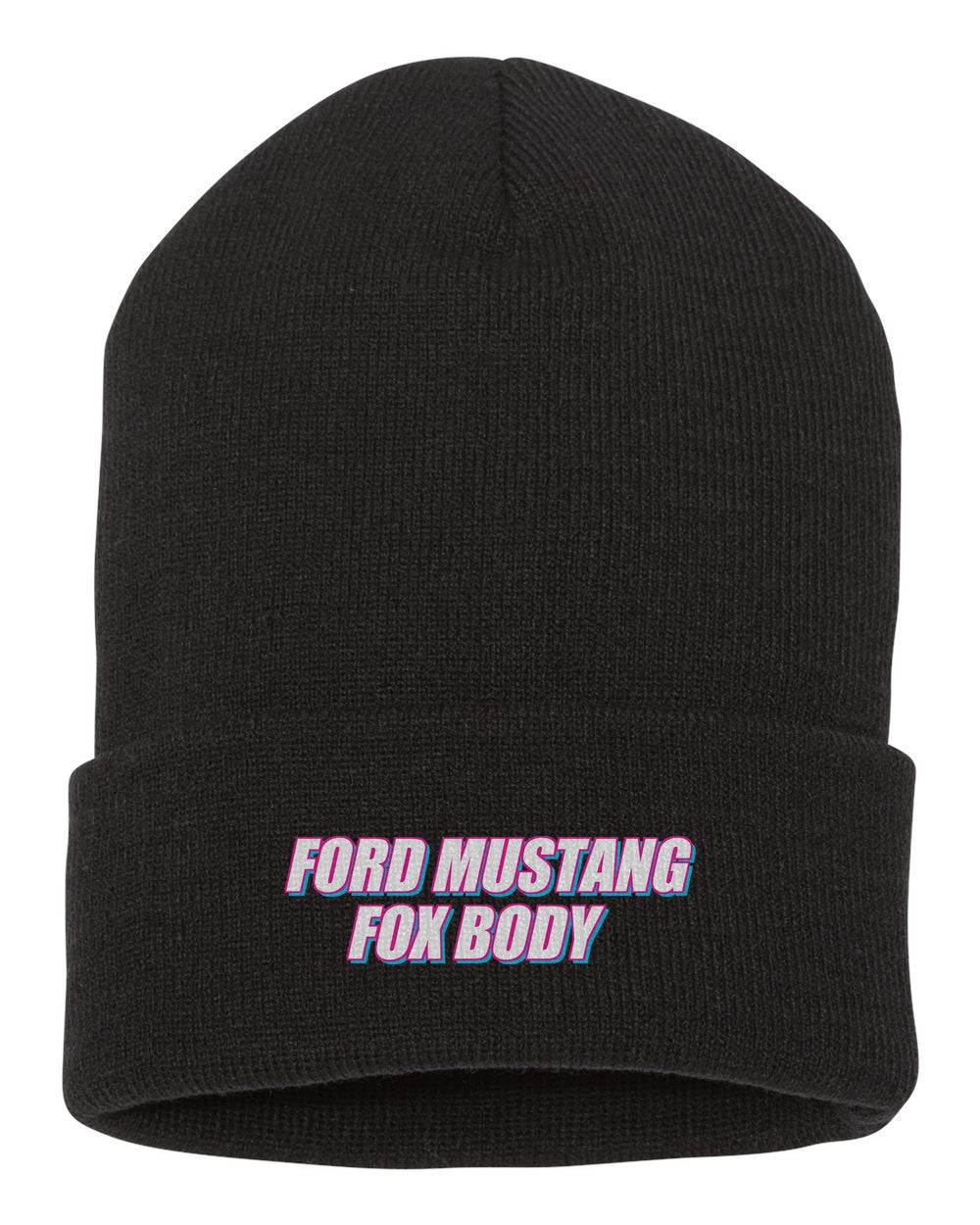 Ford Mustang Fox Body black beanie front view with car name