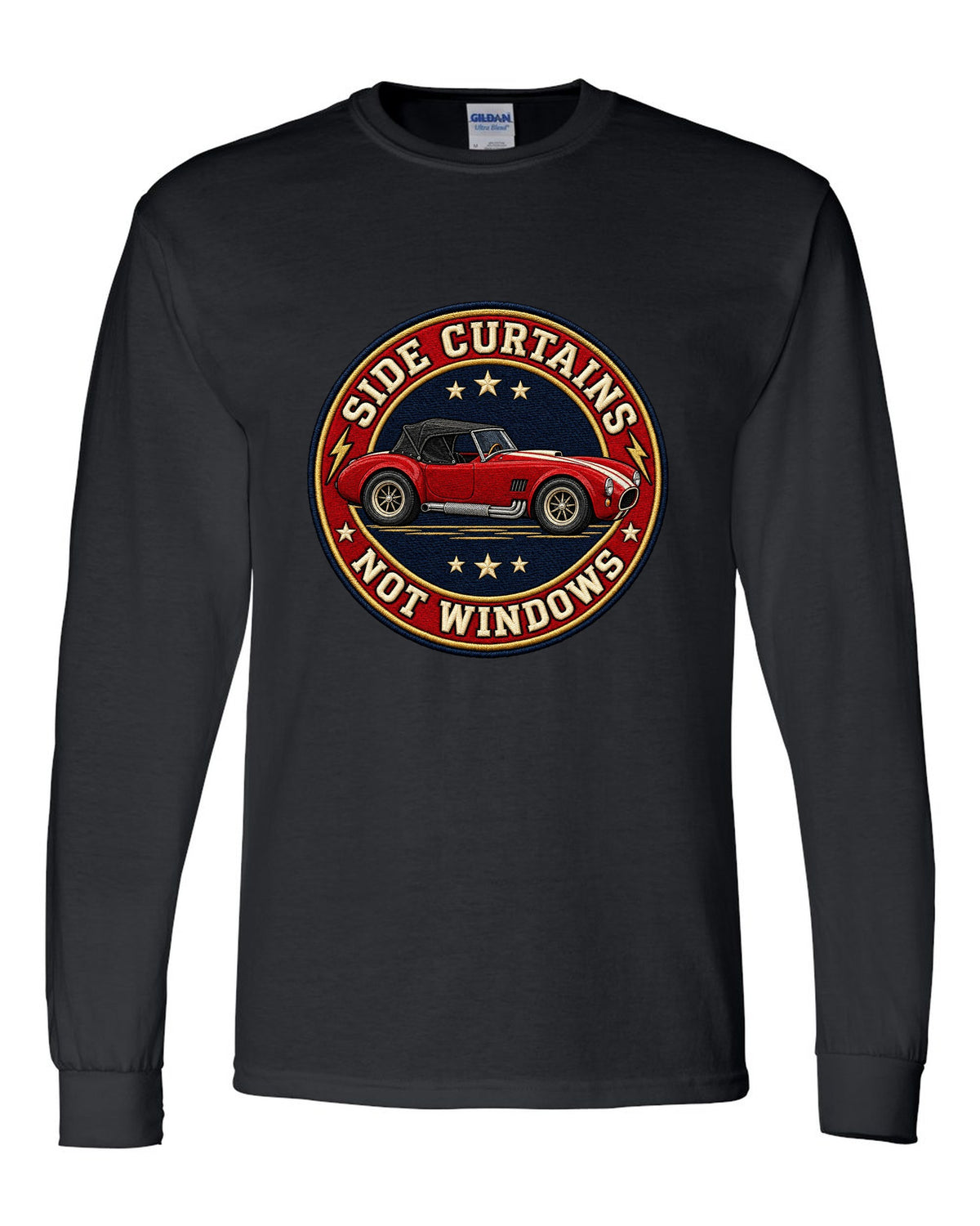 Embroidery-style varsity crest design with a 1992 Dodge Viper RT/10 SR I black long sleeve front view with the design