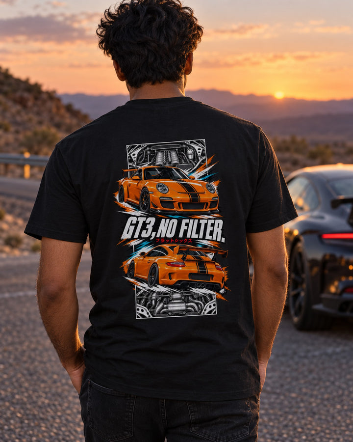 Porsche 997 Gt3 Torn Poster Full-Back Graphic Tee T-Shirt Black worn hero