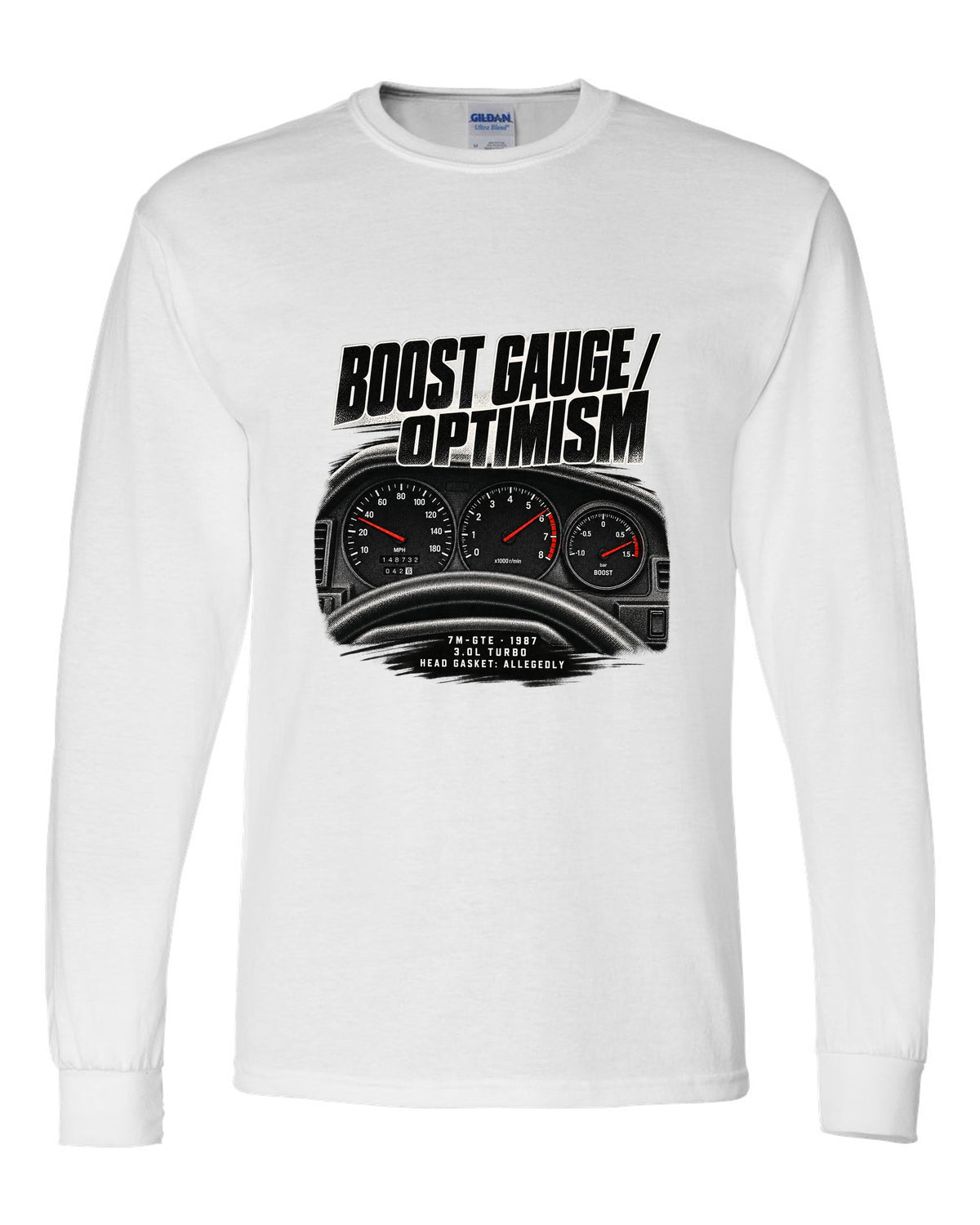 Cockpit gauge print for a Toyota Supra A70 MA70 with the text Boost Gauge Optimism 7M-GTE 1987 white long sleeve front view with the design