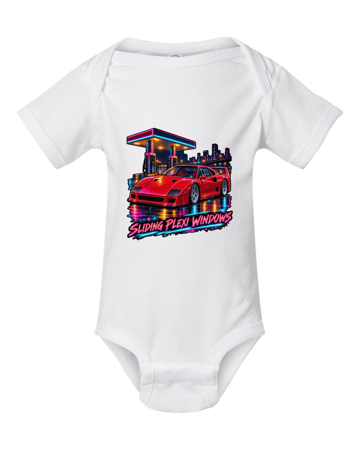 Neon night-city gouache print of a 1987 Ferrari F40 F120 with sliding plexi windows text white baby onesie front view with the design