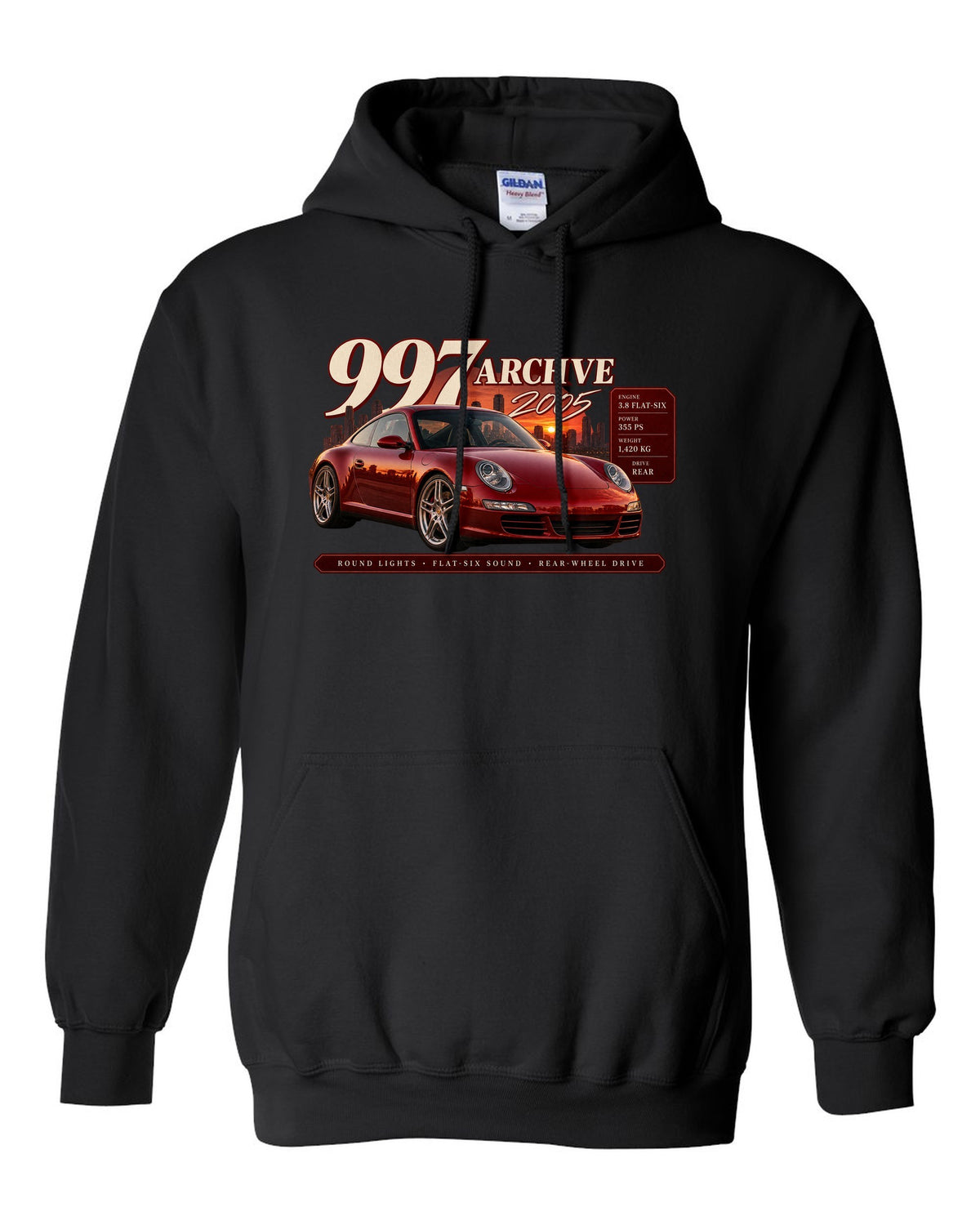 Archive panel print of a deep red Porsche 911 Carrera S 997.1 with 3.8 flat-six spec lines black pull over hoodie front view with the design