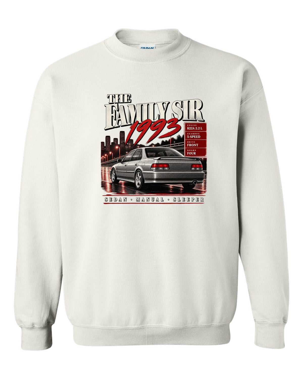 Archive panel print for the Honda Accord CD6 SiR sedan reading The Family Sir 1993 white crewneck front view with the design