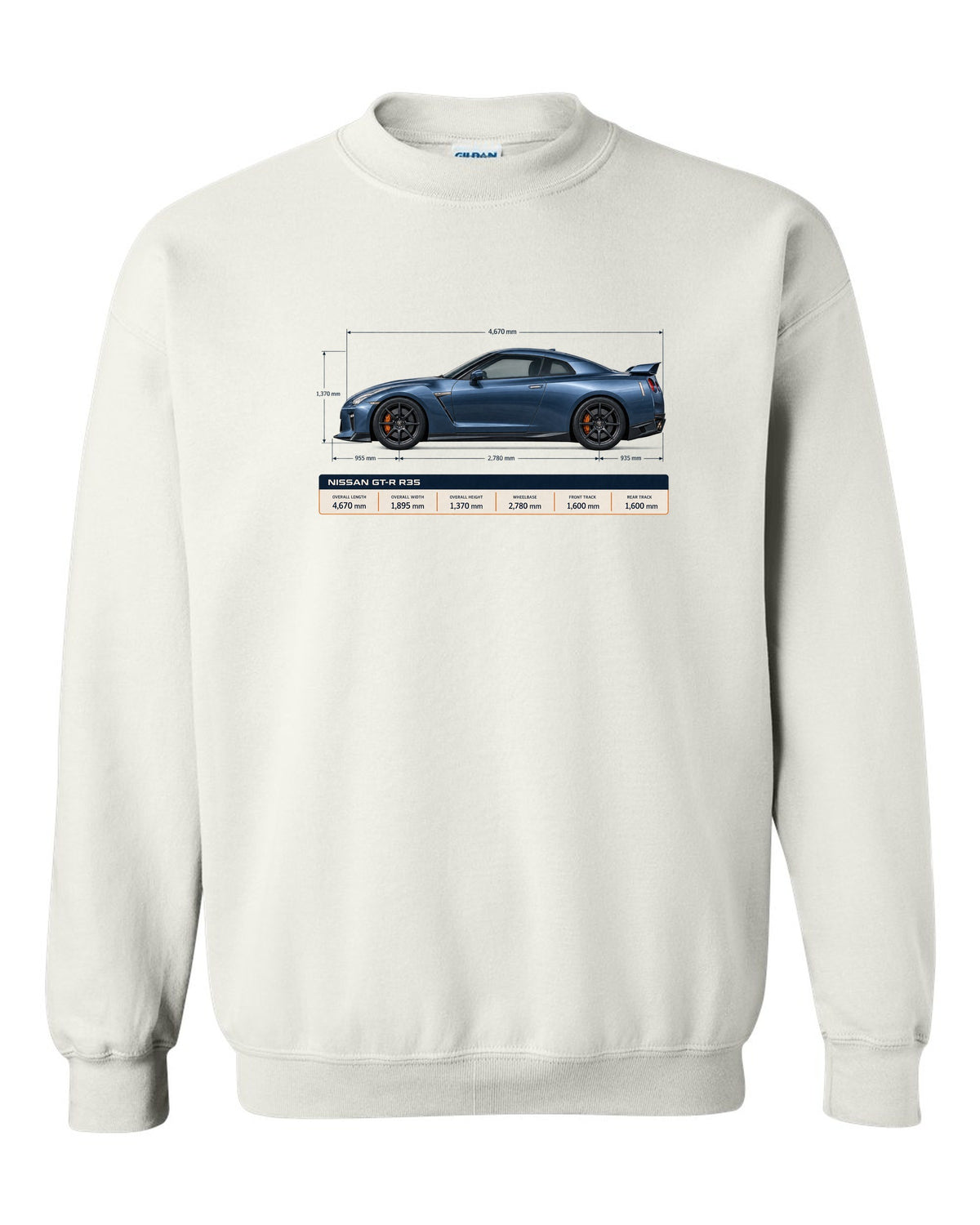 Nissan GT-R R35 Premium in gunmetal grey with an editorial headline layout white crewneck front view with the design