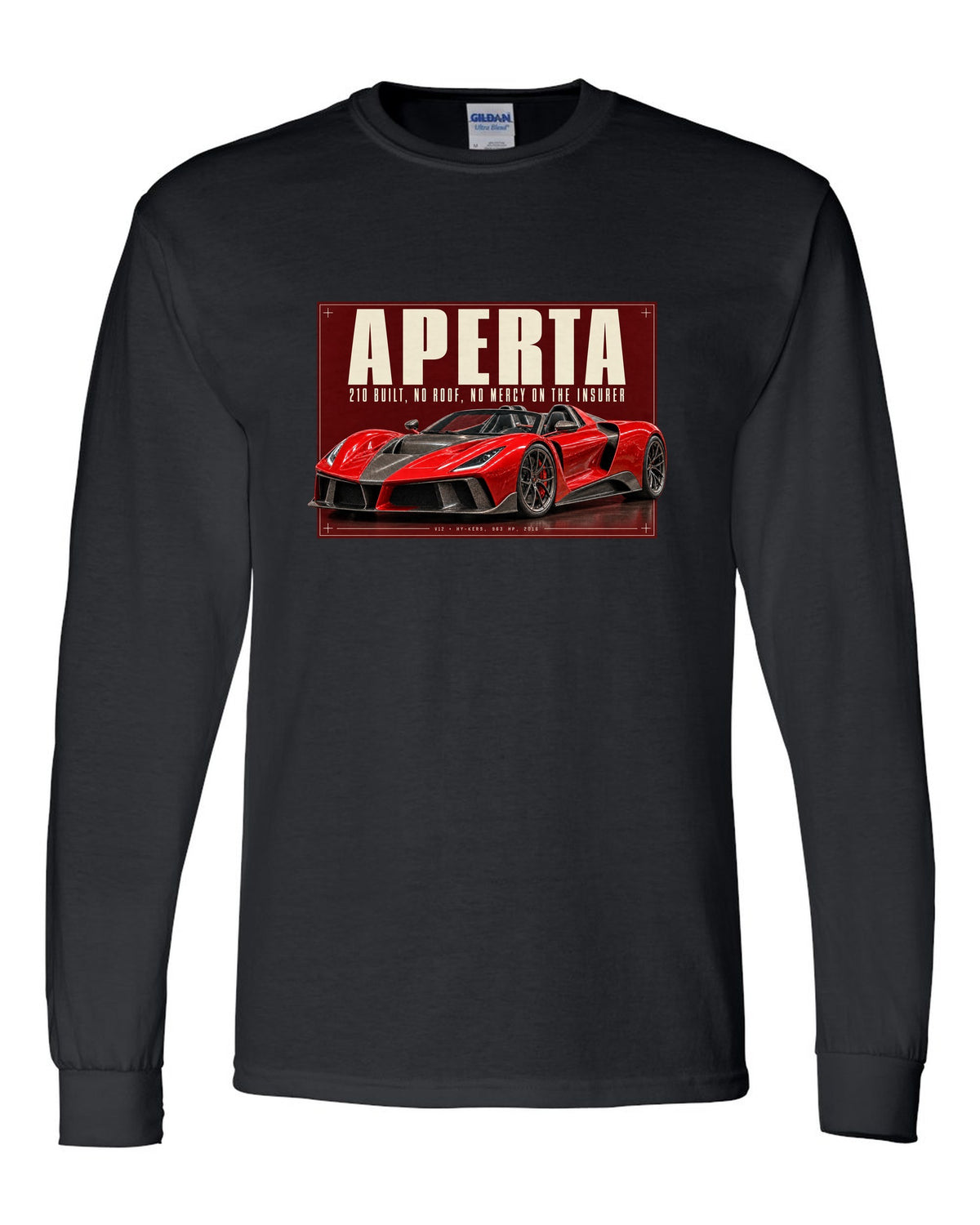 Ferrari LaFerrari Aperta editorial headline print, 210 built black long sleeve front view with the design