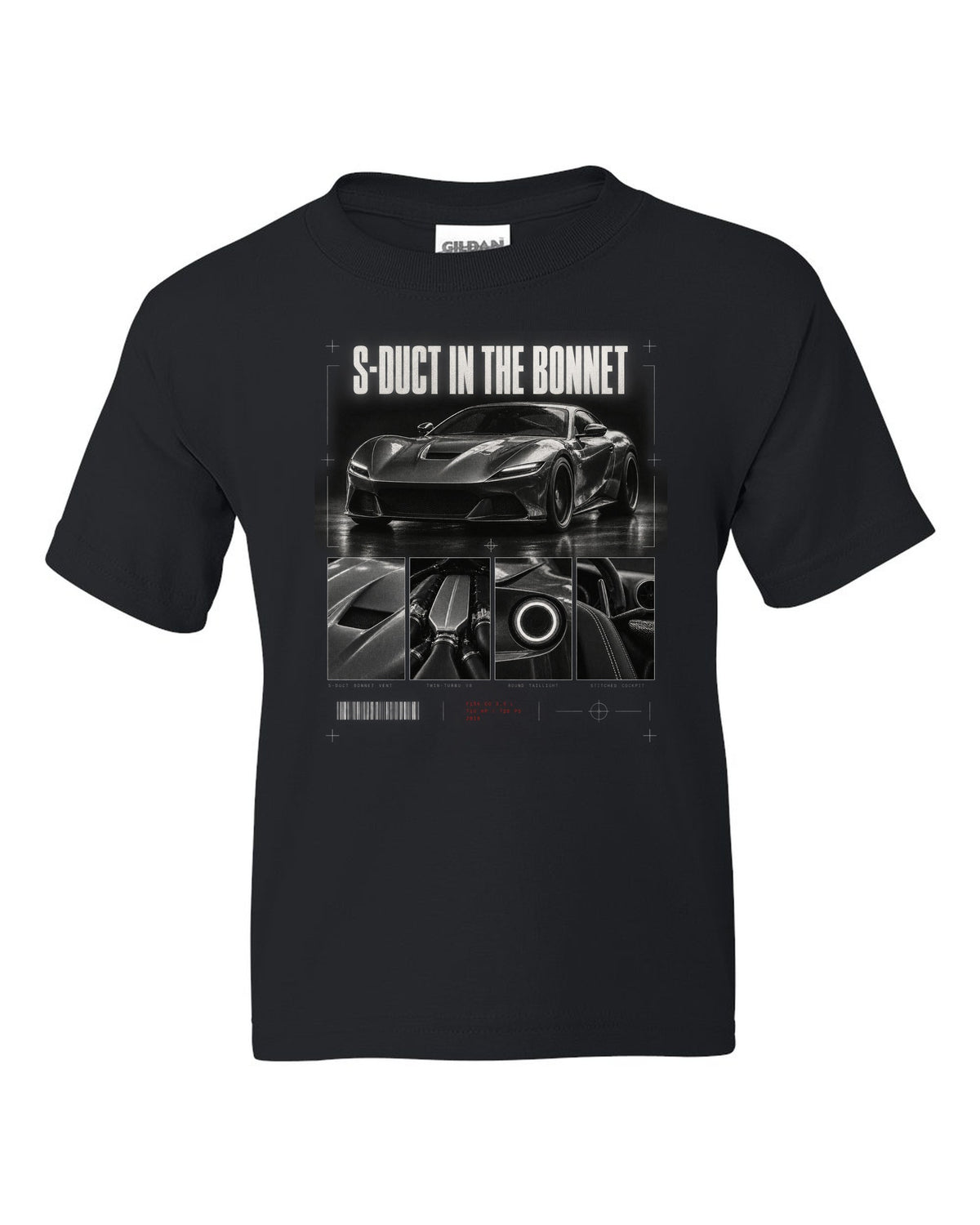 Dossier panel print of a Ferrari F8 Tributo with S-duct in the bonnet and 720 PS text black kids tee front view with the design