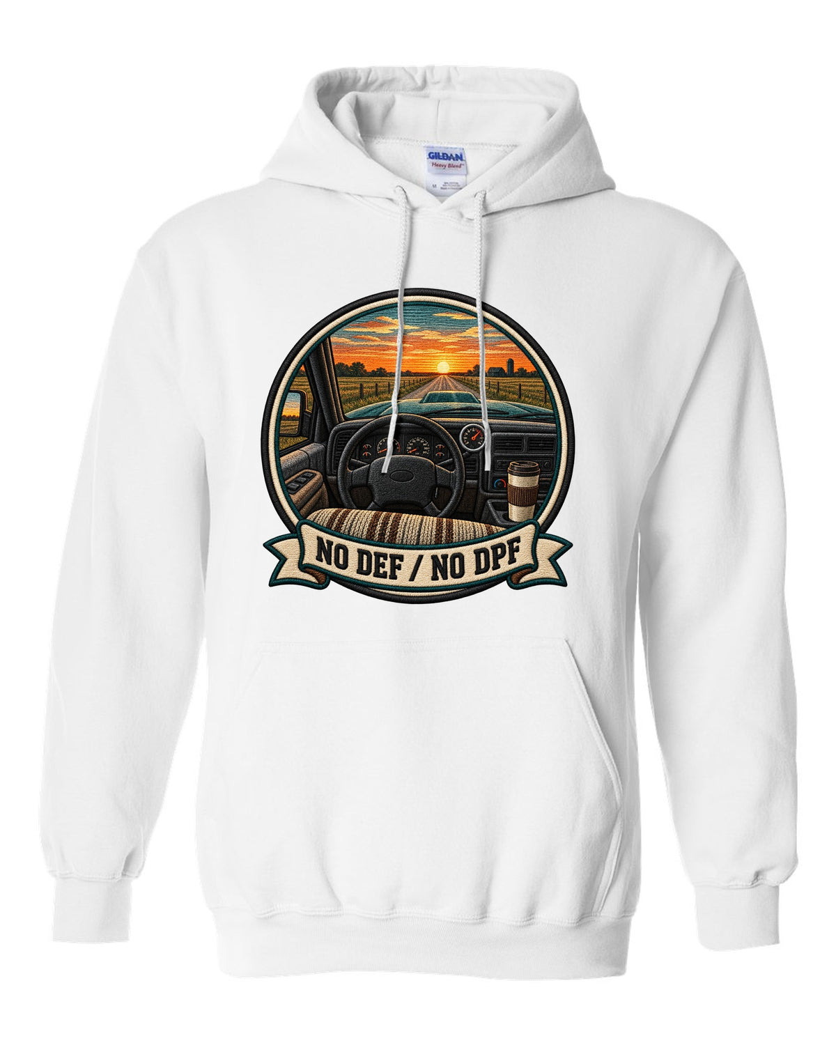 Varsity crest design of a 1998.5-2002 Dodge Ram 2nd gen 24V cab interior with the words No DEF No DPF white pull over hoodie front view with the design