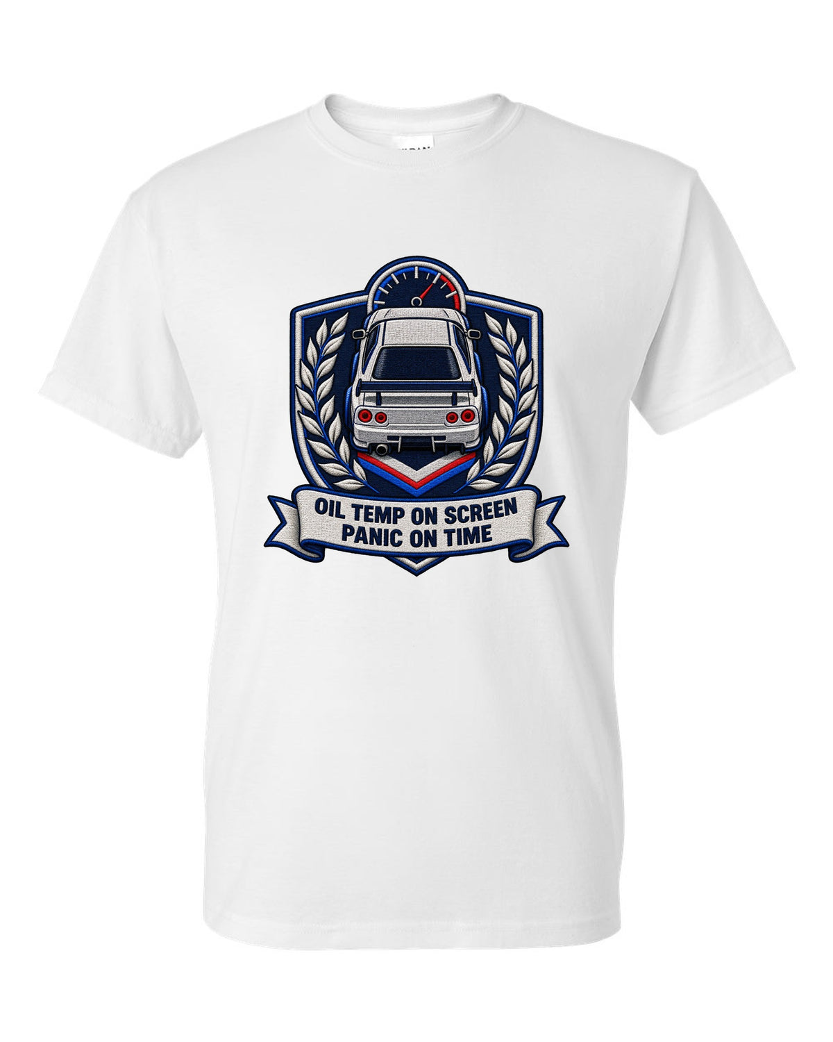 Embroidery-style shield crest print for the Nissan Skyline GT-R BNR34 with oil temp lettering white t-shirt front view with the design