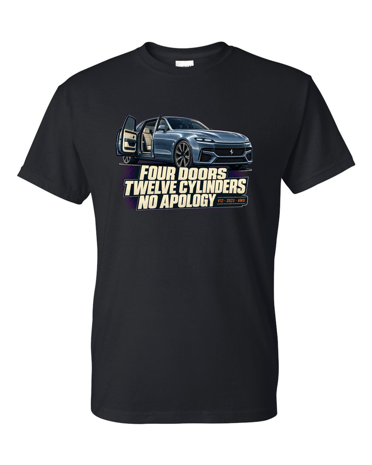 Editorial headline print of the Ferrari Purosangue on a tee black t-shirt front view with the design