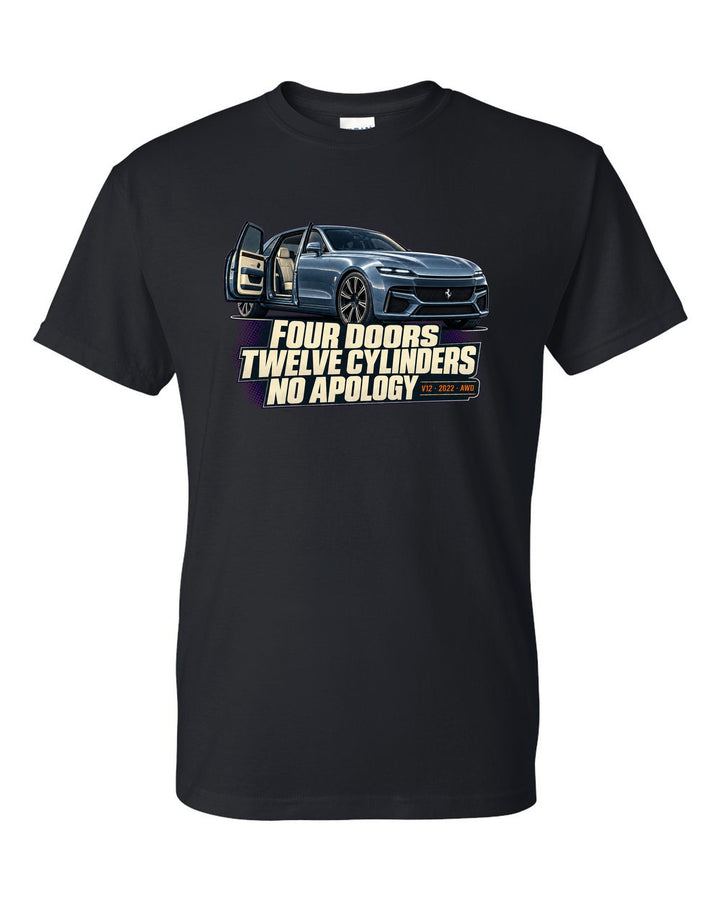 Editorial headline print of the Ferrari Purosangue on a tee black t-shirt front view with the design