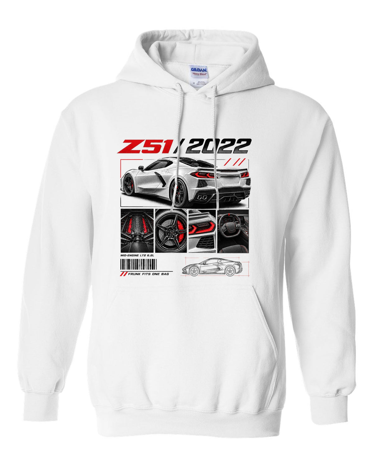 Corvette C8 Stingray Z51 2022 in dossier panels white pull over hoodie front view with the design