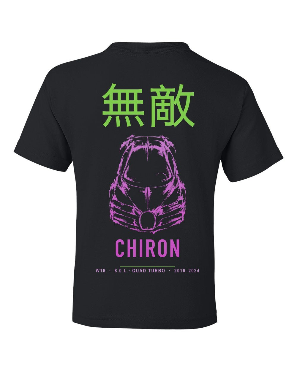 CHIRON full-back artwork black kids tee back view with the design