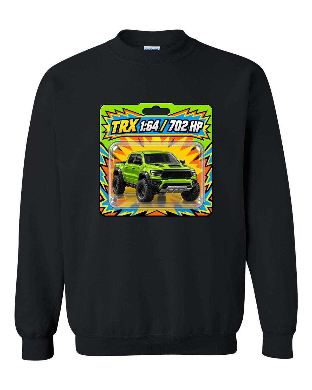 print of a 1:64 toy blister card featuring the Ram 1500 TRX with 702 HP black crewneck front view with the design
