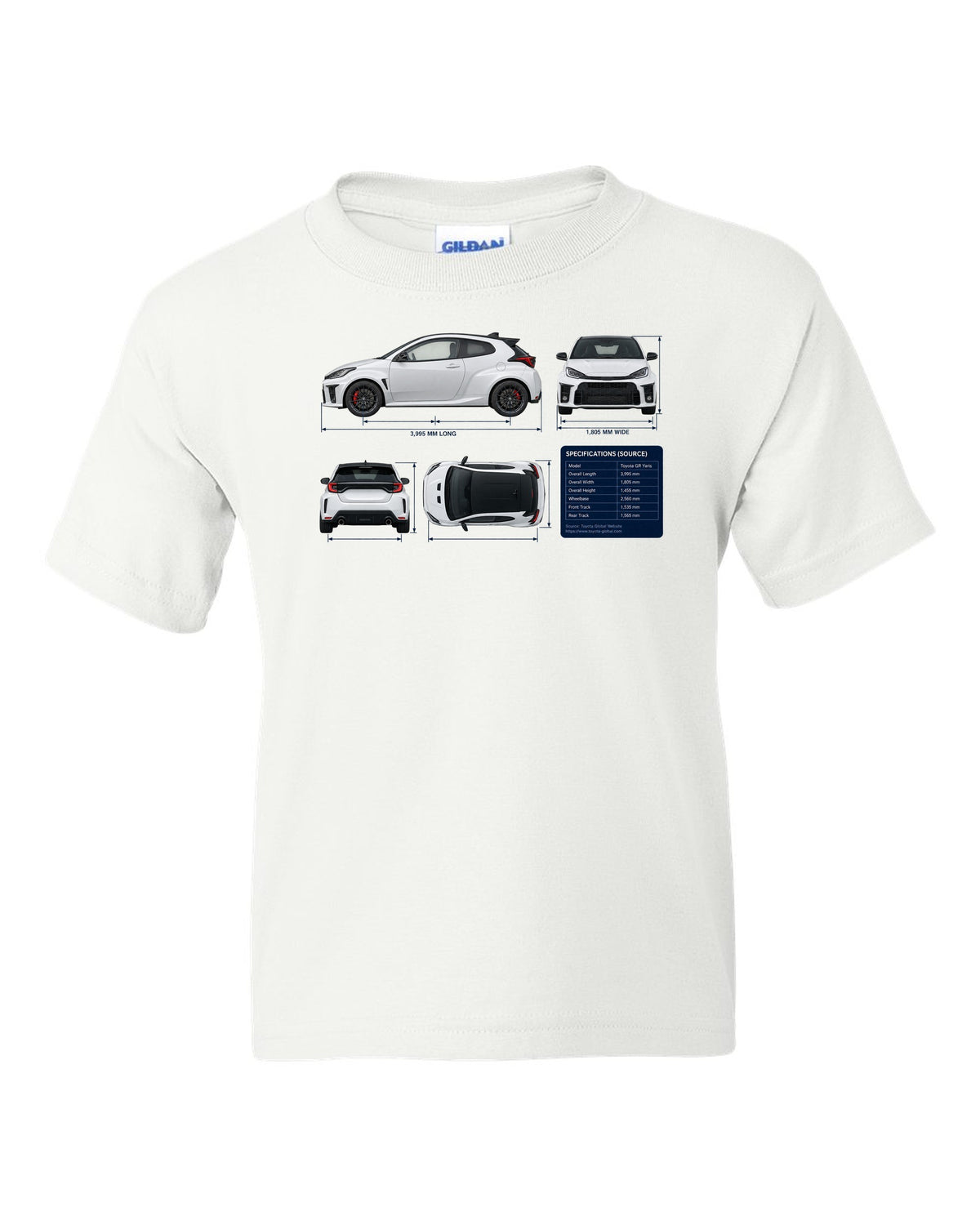 Toyota GR Corolla Morizo Edition Blueprint white kids tee front view with the design