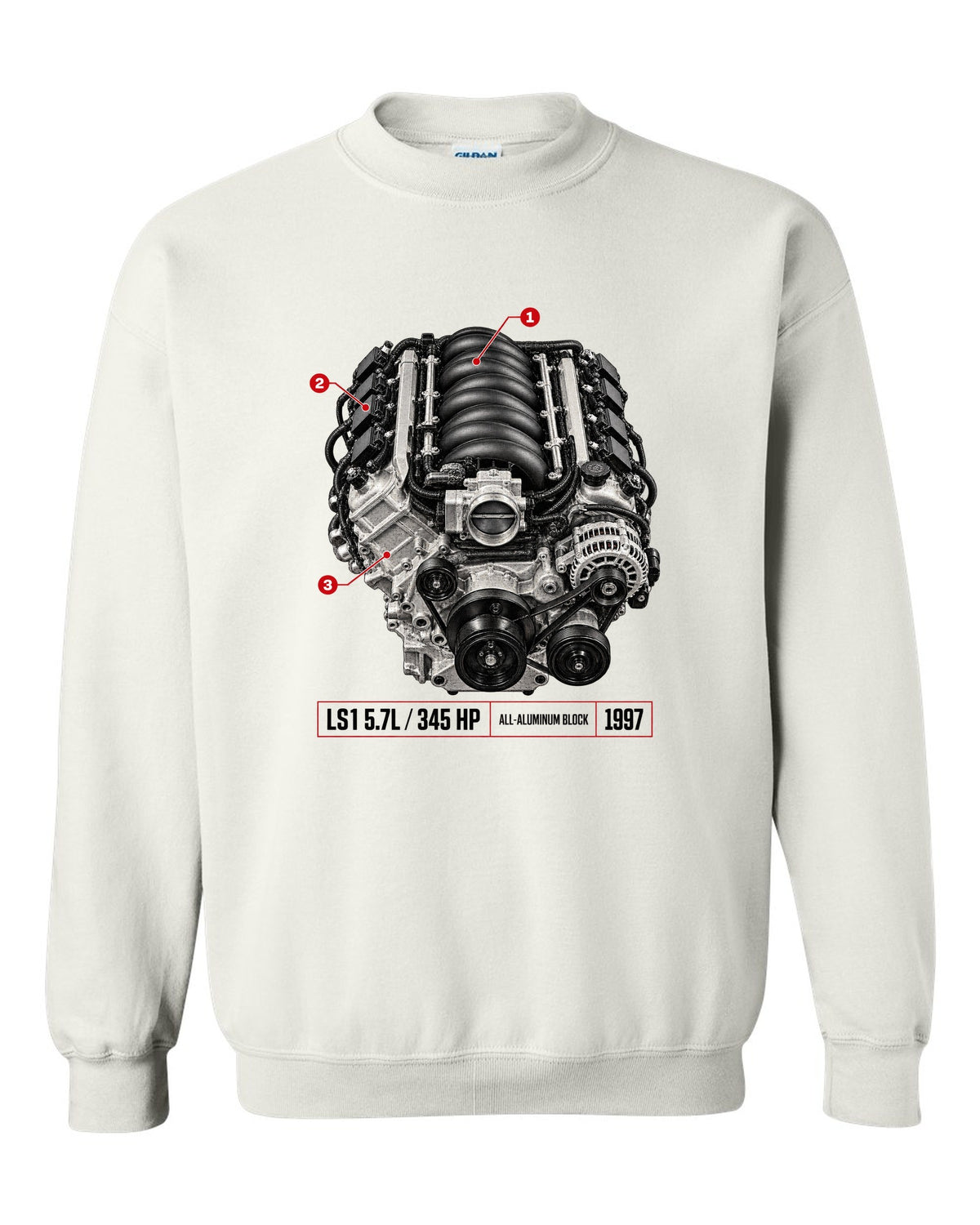 Corvette C5 coupe with LS1 5.7L engine poster print white crewneck front view with the design