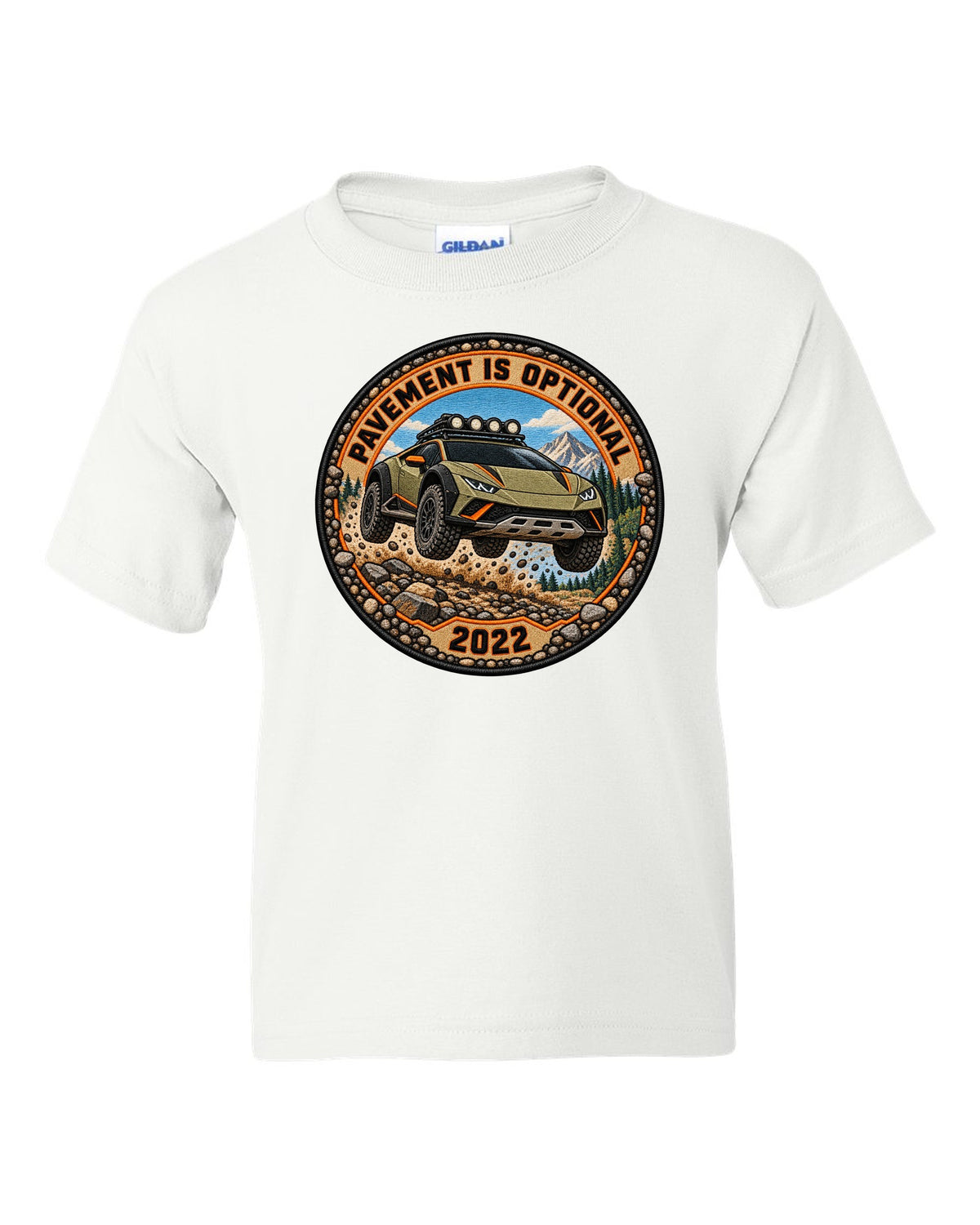 Embroidery-style round crest of a Lamborghini Huracan Sterrato LP610-4 with text PAVEMENT IS OPTIONAL / 2022 white kids tee front view with the design