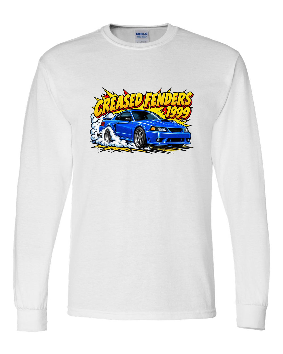 Comic halftone pop art 1999-2004 New Edge Ford Mustang coupe with burnout smoke white long sleeve front view with the design