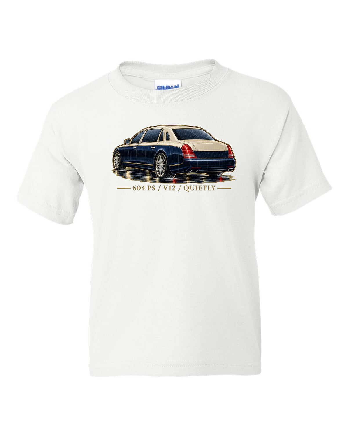 Single-line contour drawing of a Maybach 57 S W240 in rain with 604 PS V12 Quietly text white kids tee front view with the design
