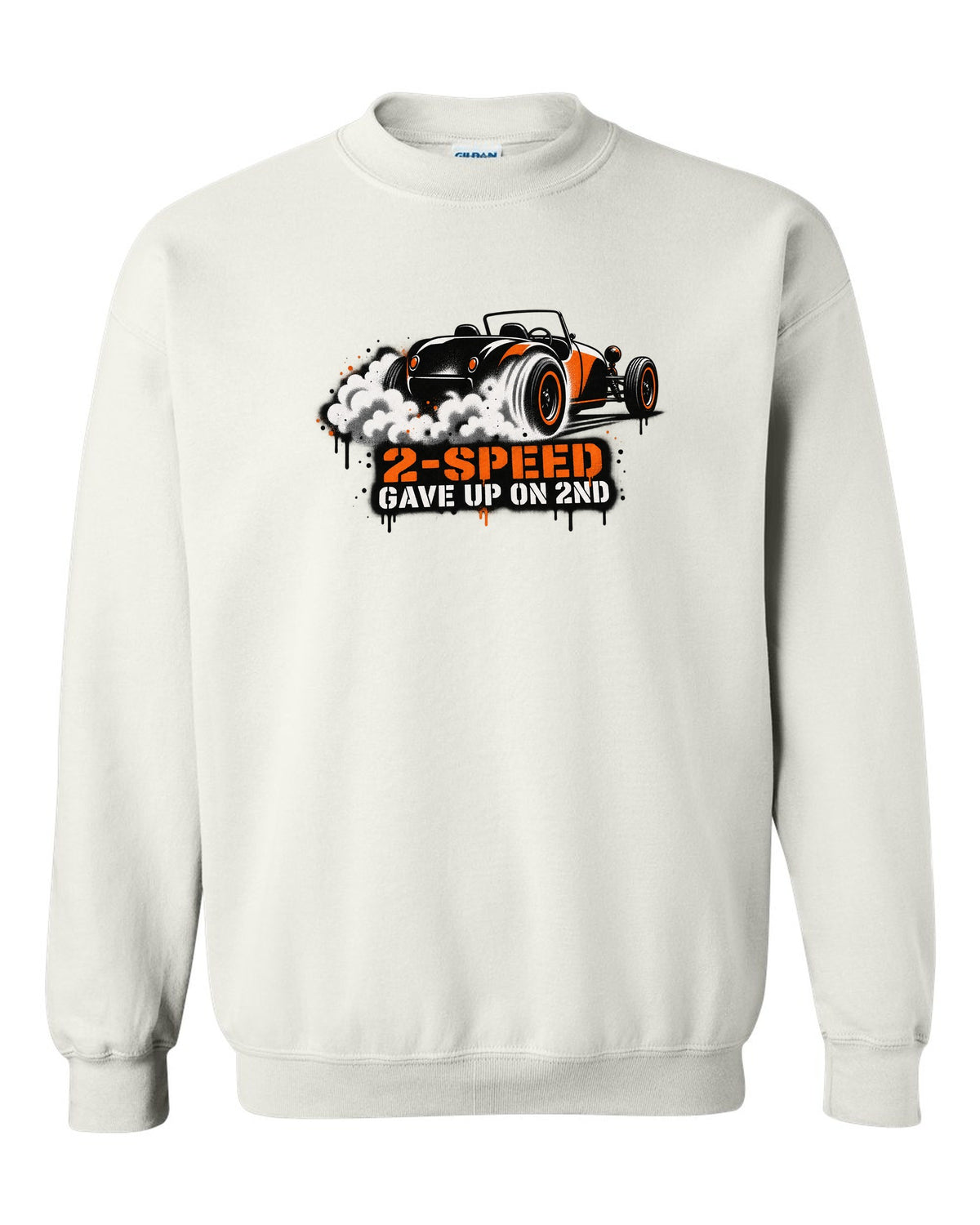 Spray stencil street art print of a Tesla Roadster Gen 1 reading 2-Speed Gave Up on 2nd white crewneck front view with the design