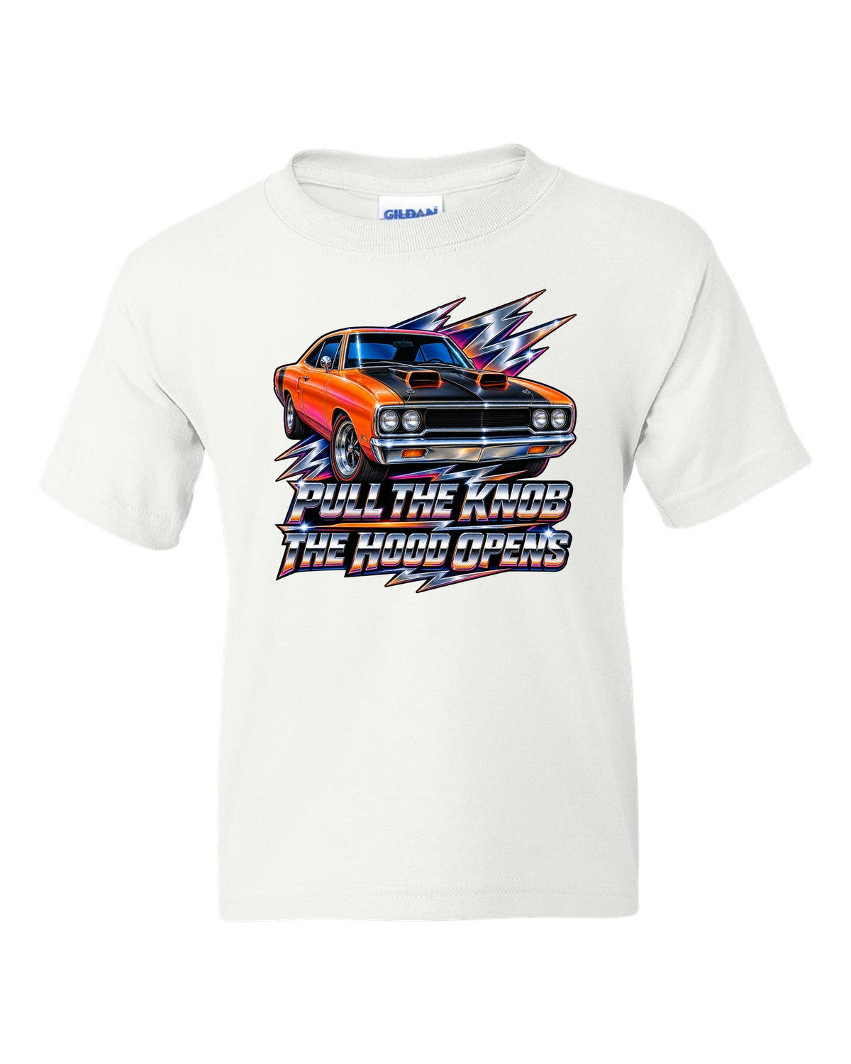 80s airbrush chrome design of a 1970 Plymouth Road Runner with pull the knob hood text white kids tee front view with the design