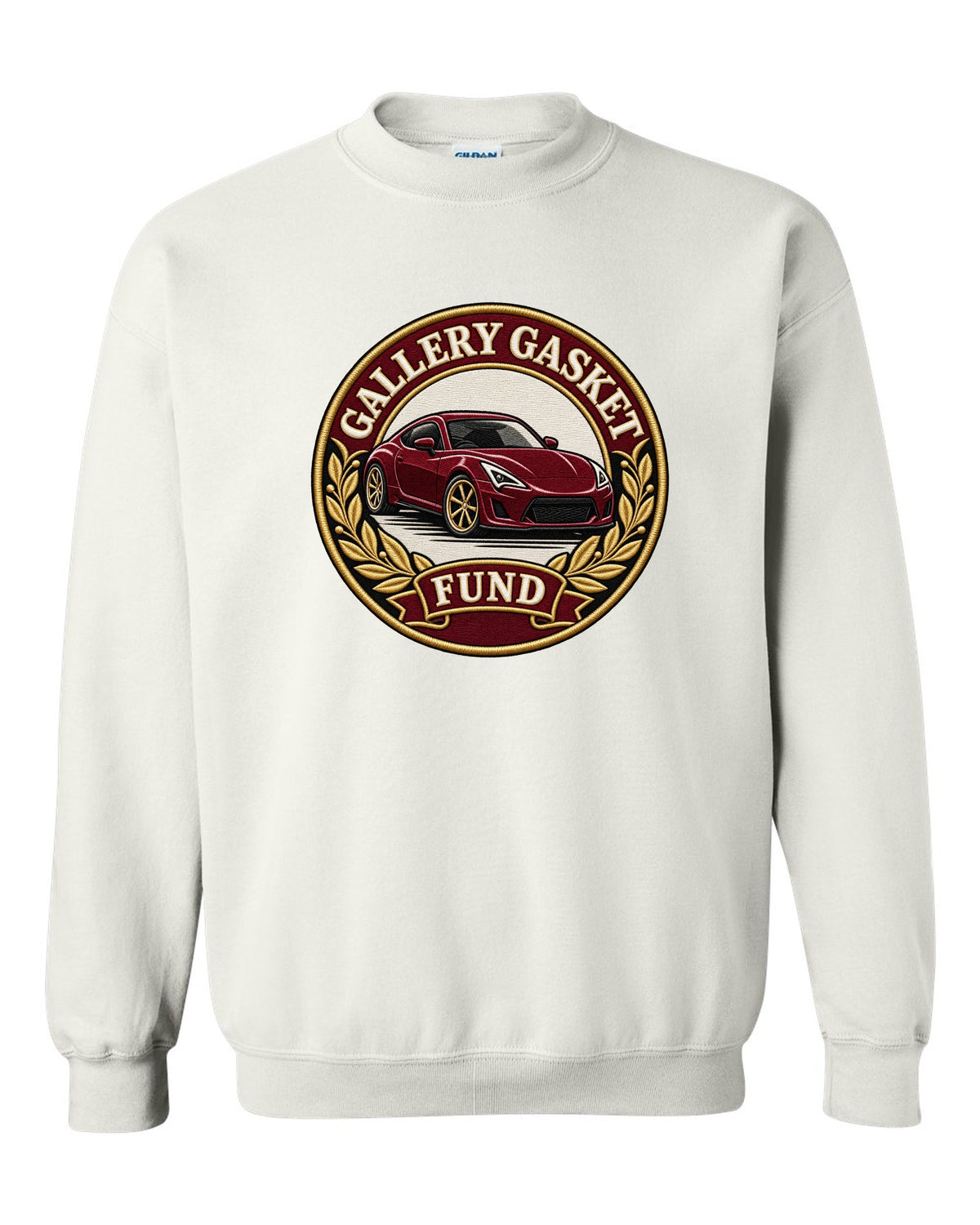 Round crest print for a Nissan 350Z Z33 with gallery gasket fund text white crewneck front view with the design