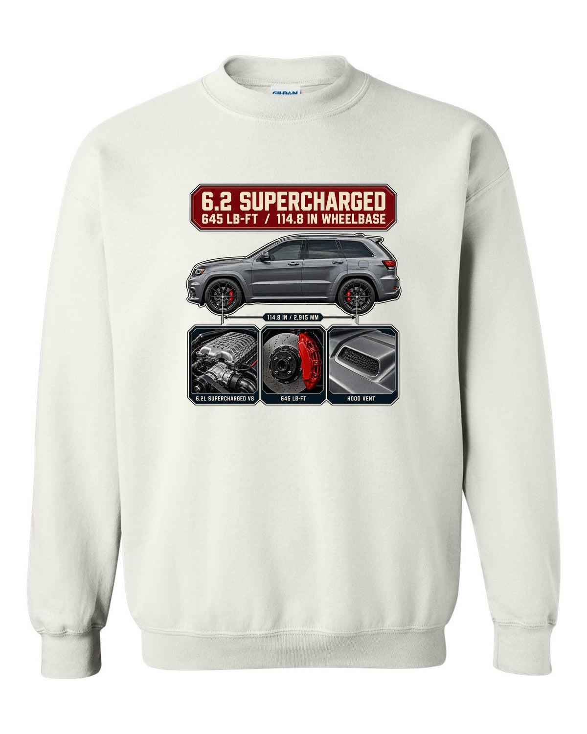 Dossier panel print of the Jeep Grand Cherokee Trackhawk WK2 with engine and torque white crewneck front view with the design