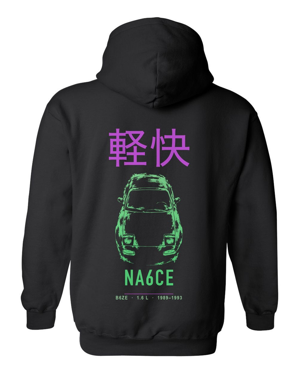 NA6CE full-back artwork black pull over hoodie back view with the design