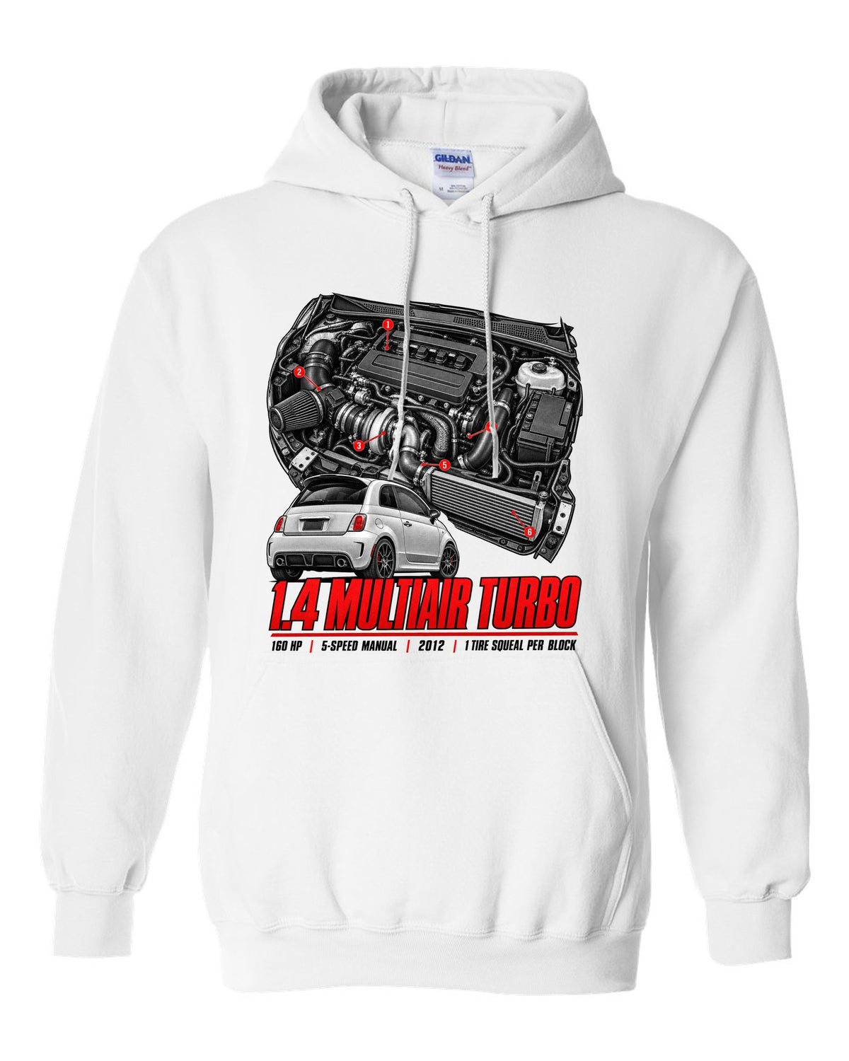 Fiat 500 Abarth engine bay hero poster with 1.4 MultiAir turbo figures white pull over hoodie front view with the design