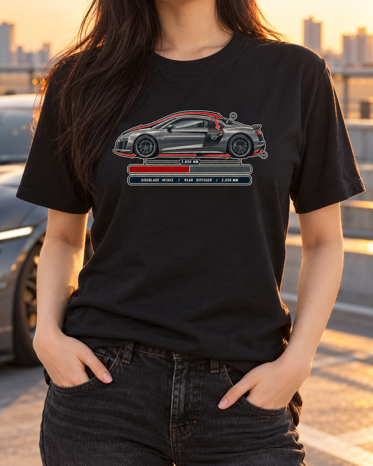 Audi R8 V10 Plus Airflow Cutaway Shirt, Sideblade and Diffuser Tee T-Shirt Black worn hero