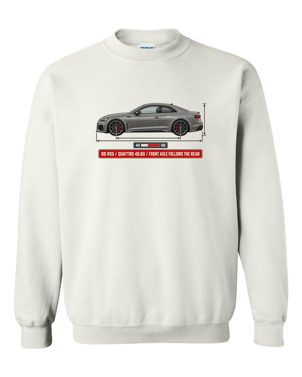 Dimension blueprint of an Audi RS5 Coupe B9 facelift with quattro 40:60 text white crewneck front view with the design