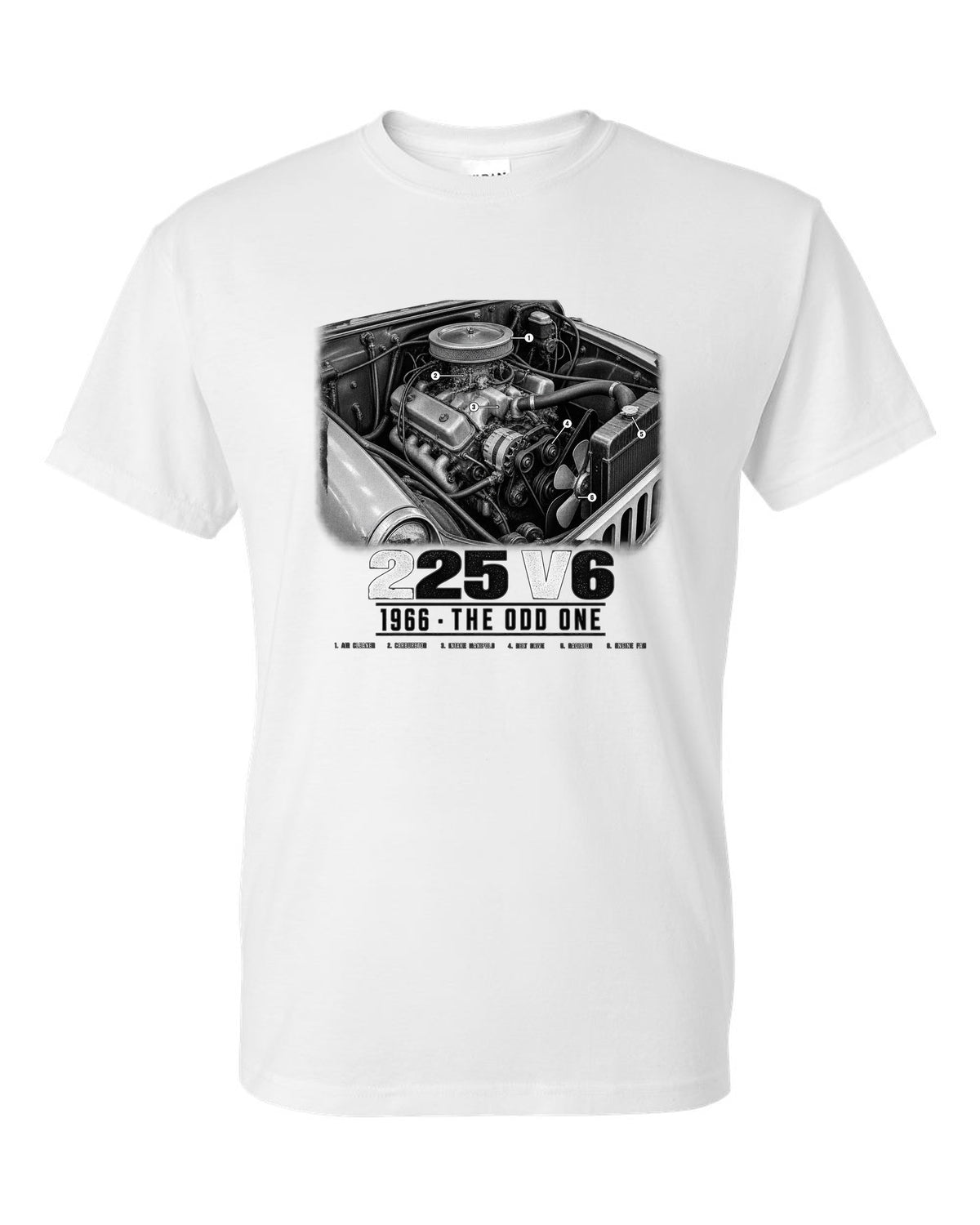 Engine hero print for the Jeep CJ-5 225 V6, 1966 white t-shirt front view with the design