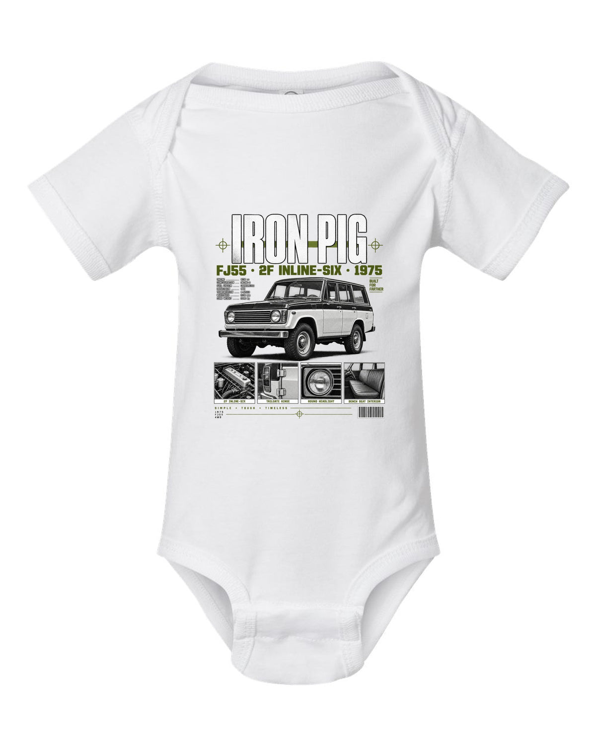 Dossier panel print of a Toyota Land Cruiser FJ55 wagon with Iron Pig and 2F text white baby onesie front view with the design