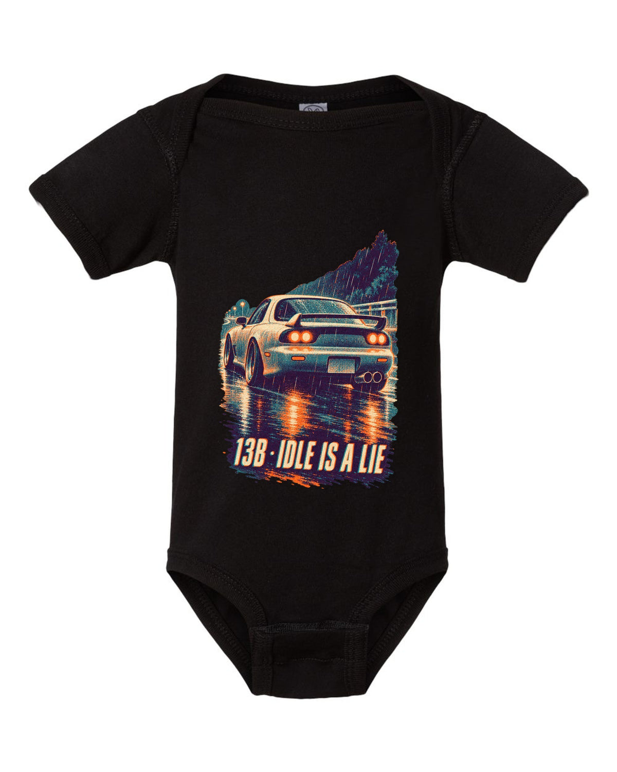 Three-colour risograph print for the Mazda RX-7 FD3S with 13B idle is a lie lettering black baby onesie front view with the design