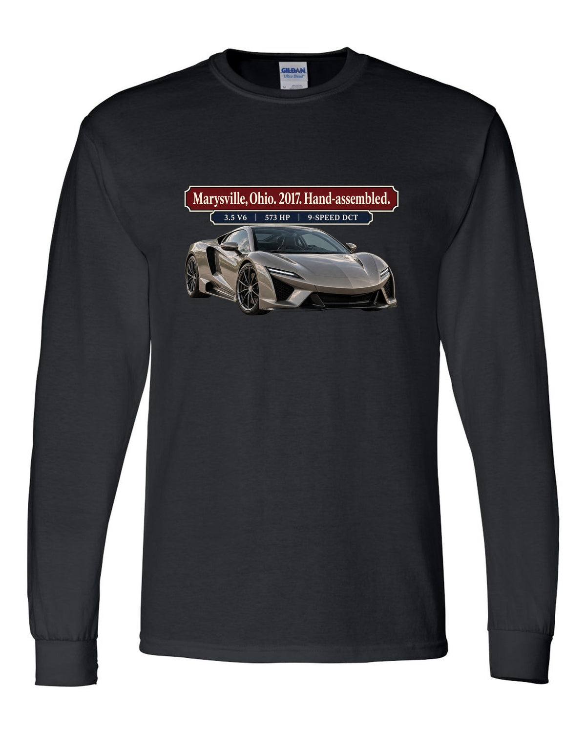 Archive panel print of a 2017 Acura NSX NC1 launch car in warm grey black long sleeve front view with the design