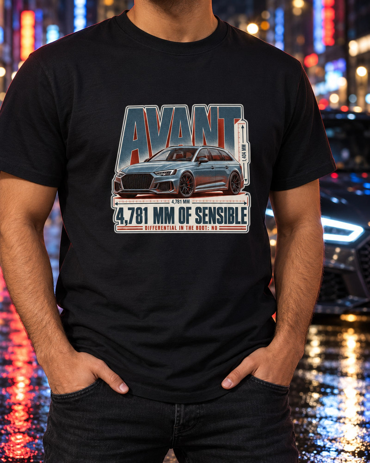 Audi RS4 Avant Halftone Shirt, 4,781 mm of Sensible T-Shirt Black worn hero