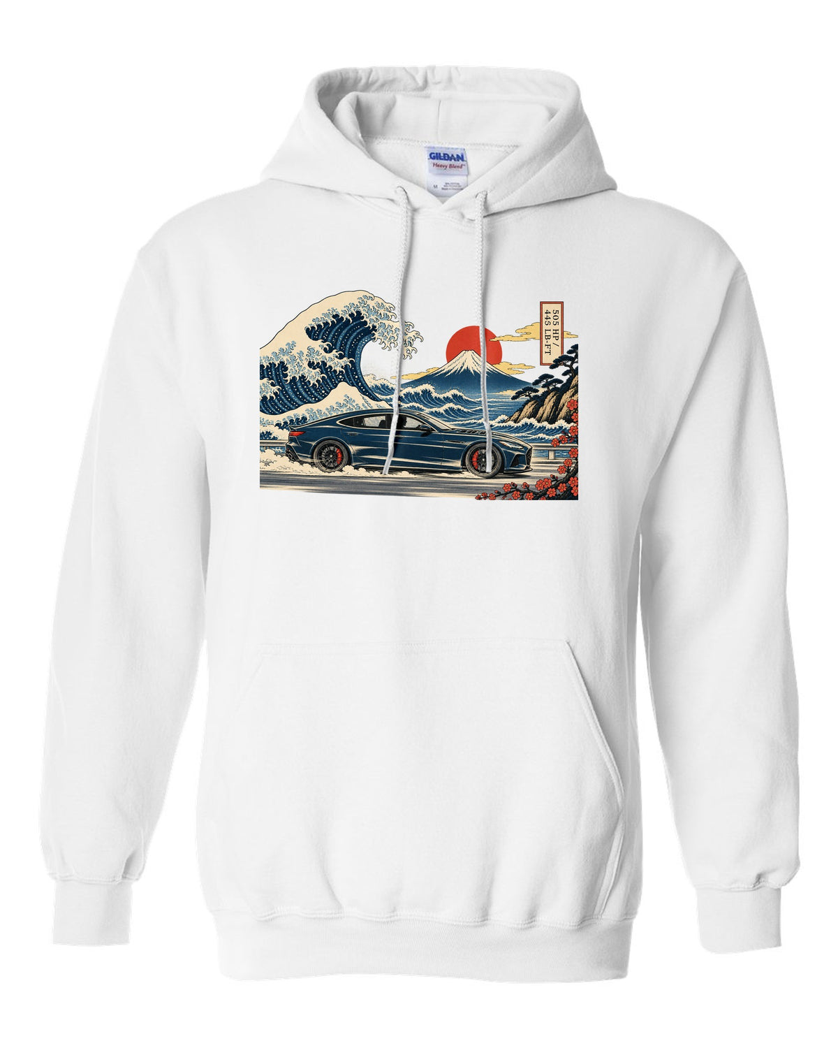 Ukiyo-e woodblock wave illustration of an Alfa Romeo Giulia Quadrifoglio with 505 HP and 443 lb-ft white pull over hoodie front view with the design