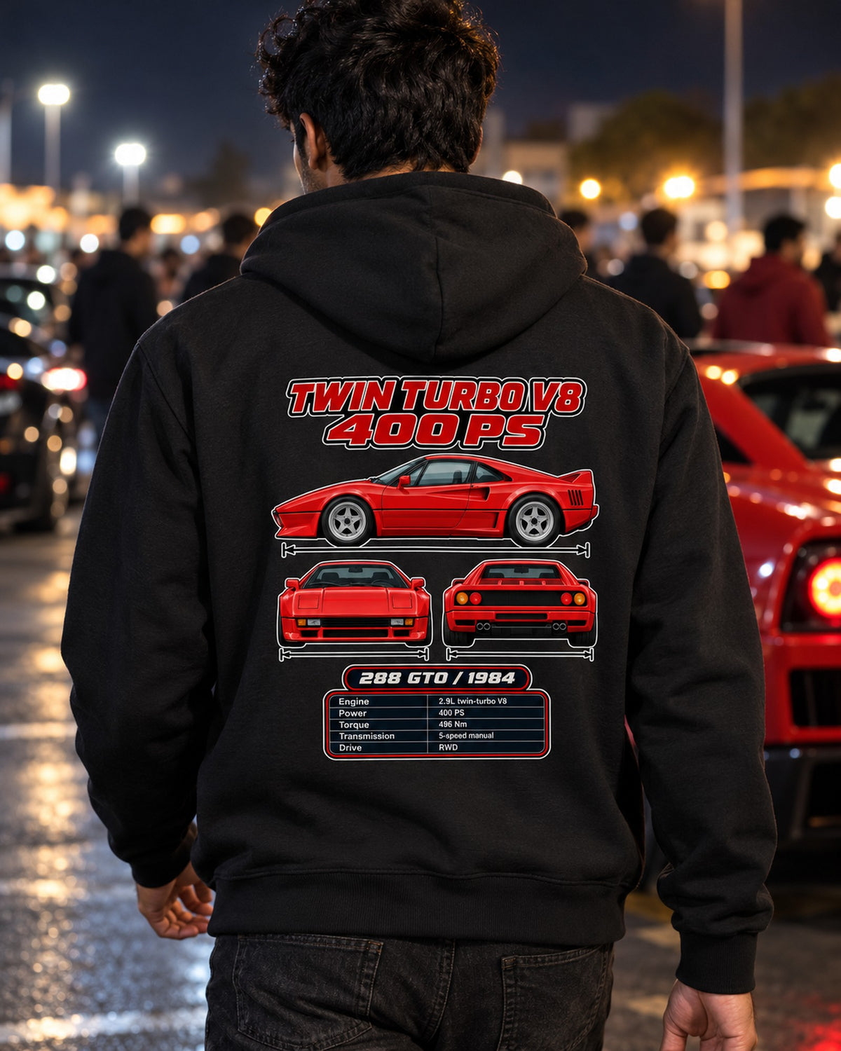 Ferrari 288 GTO Spec Sheet Full-Back Graphic Tee Zip Hoodie Black worn hero