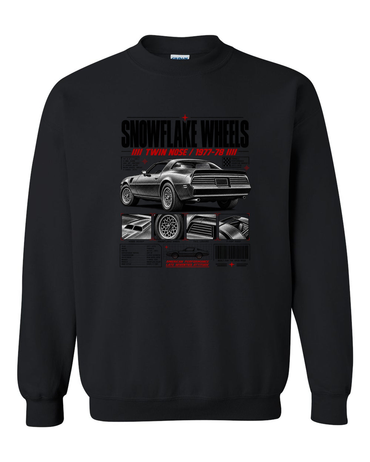 print dossier panels of a 1978 Pontiac Firebird Formula with snowflake wheels black crewneck front view with the design