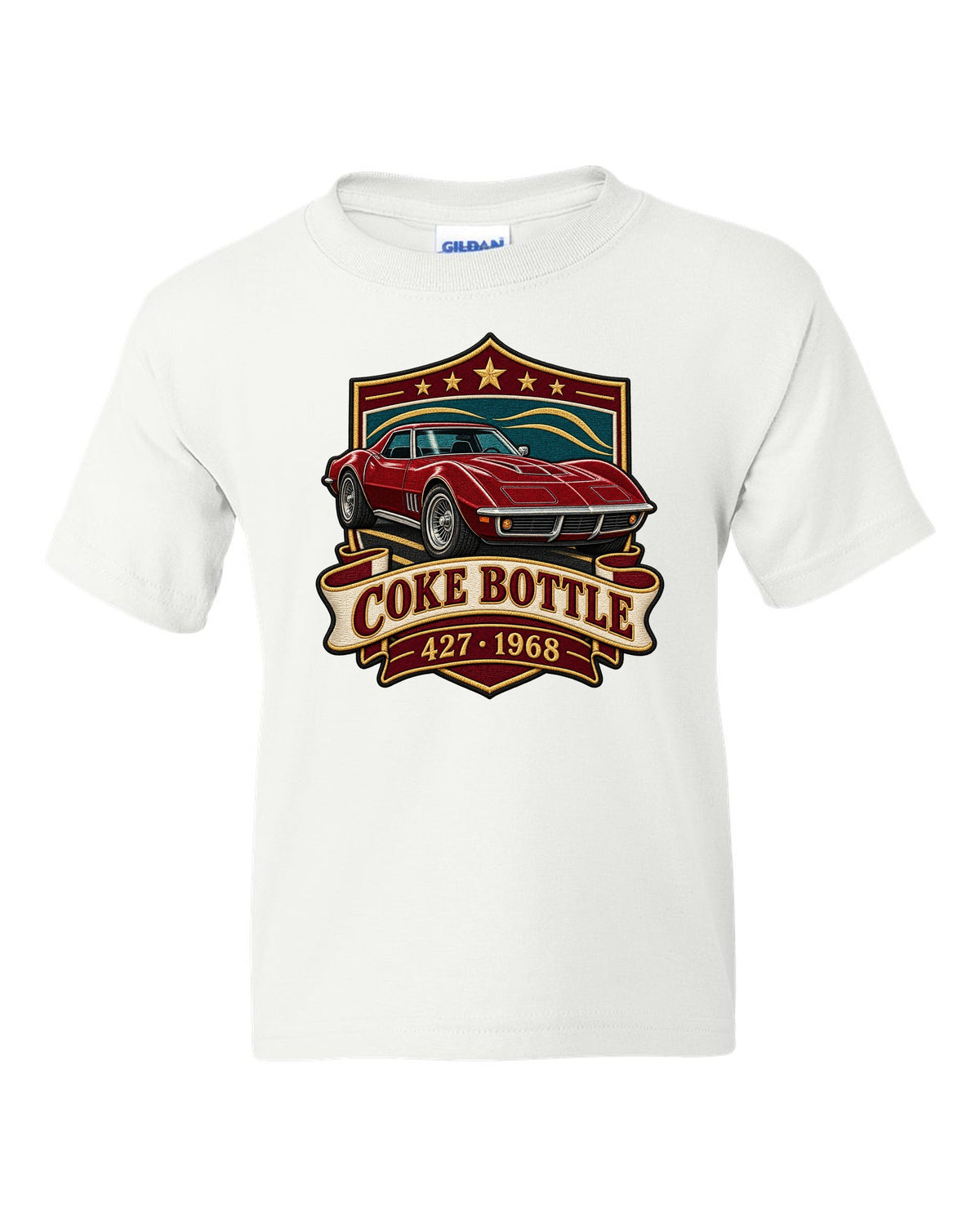 Embroidery style shield crest print of a 1968 Chevrolet Corvette C3 Stingray with Coke Bottle 427 text white kids tee front view with the design