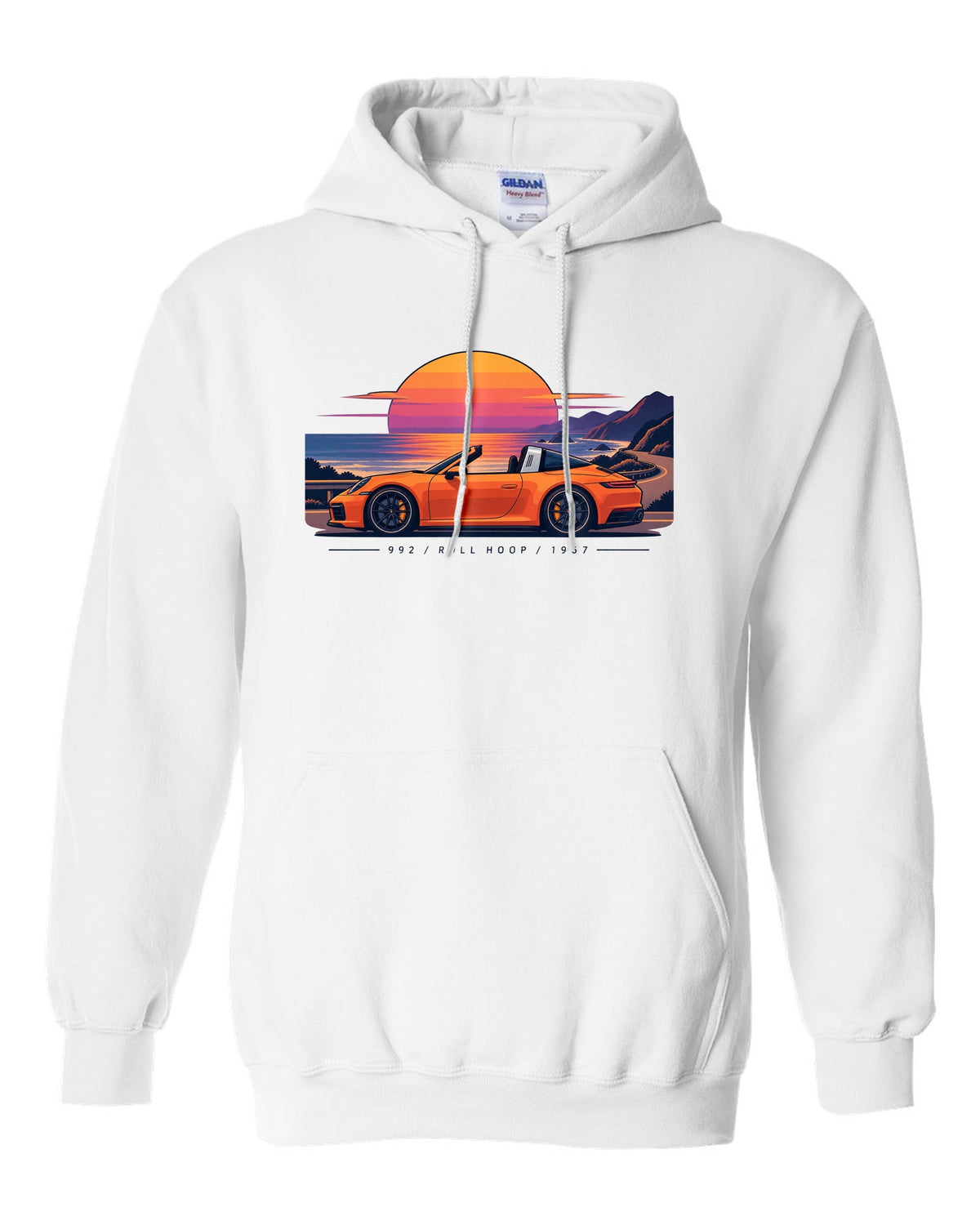 Porsche 997 GT3 RS exploded view diagram design in orange with Mezger lettering white pull over hoodie front view with the design