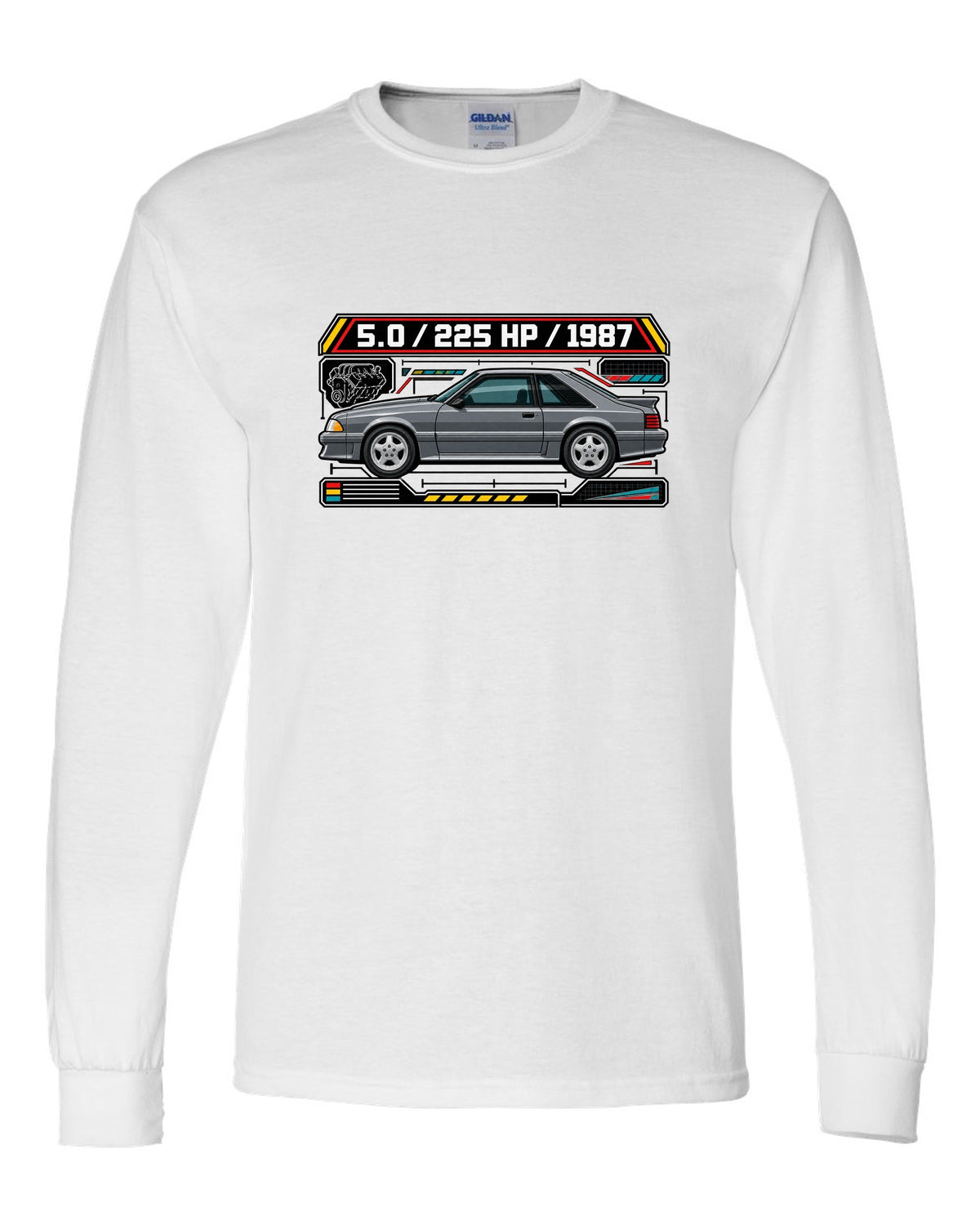 Spec-sheet data plate print of a 1987 Ford Mustang Fox Body GT chback white long sleeve front view with the design