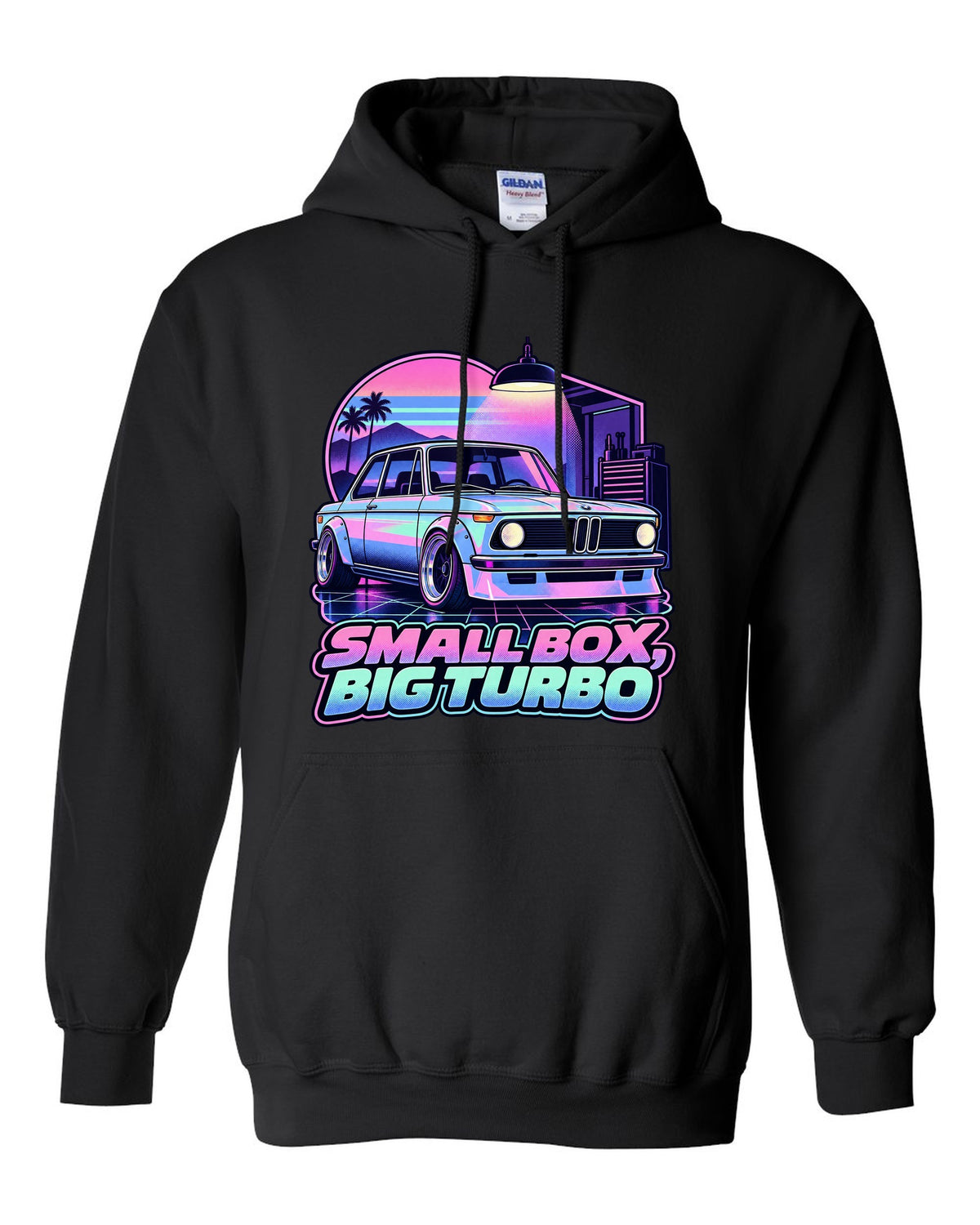 BMW 2002 turbo vaporwave pastel print with small box big turbo text black pull over hoodie front view with the design