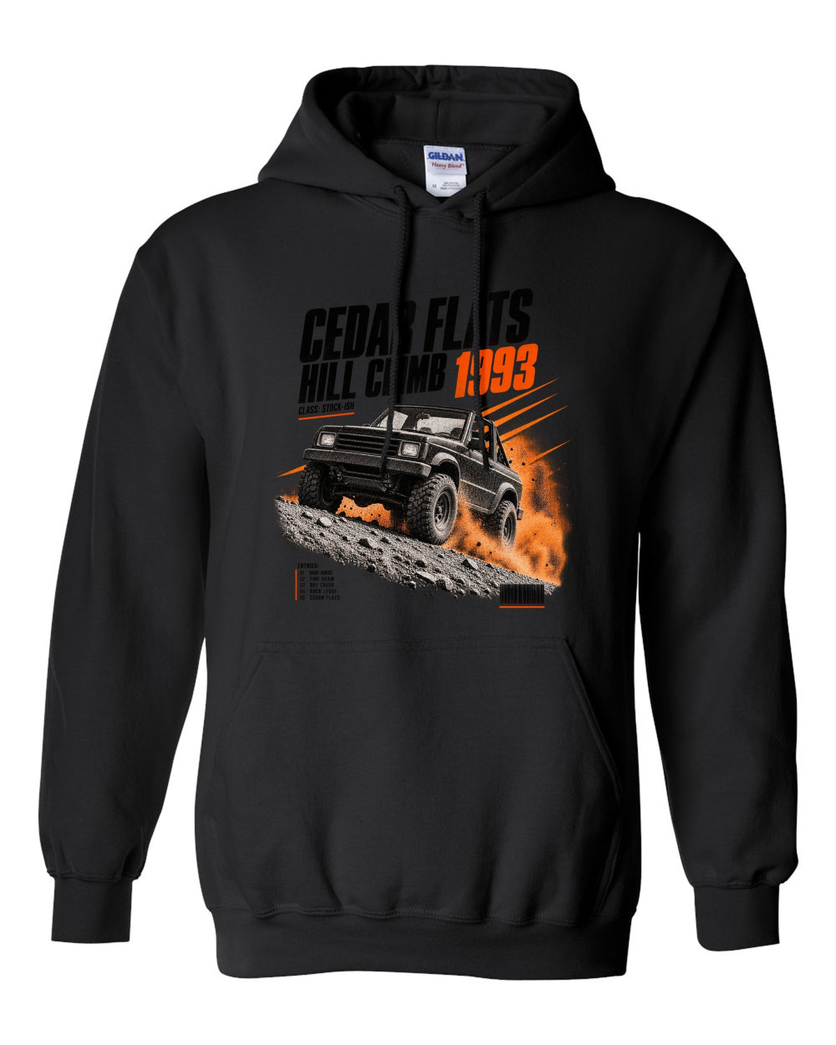 Race poster print for the Jeep Wrangler YJ, Cedar Flats Hill Climb 1993 black pull over hoodie front view with the design