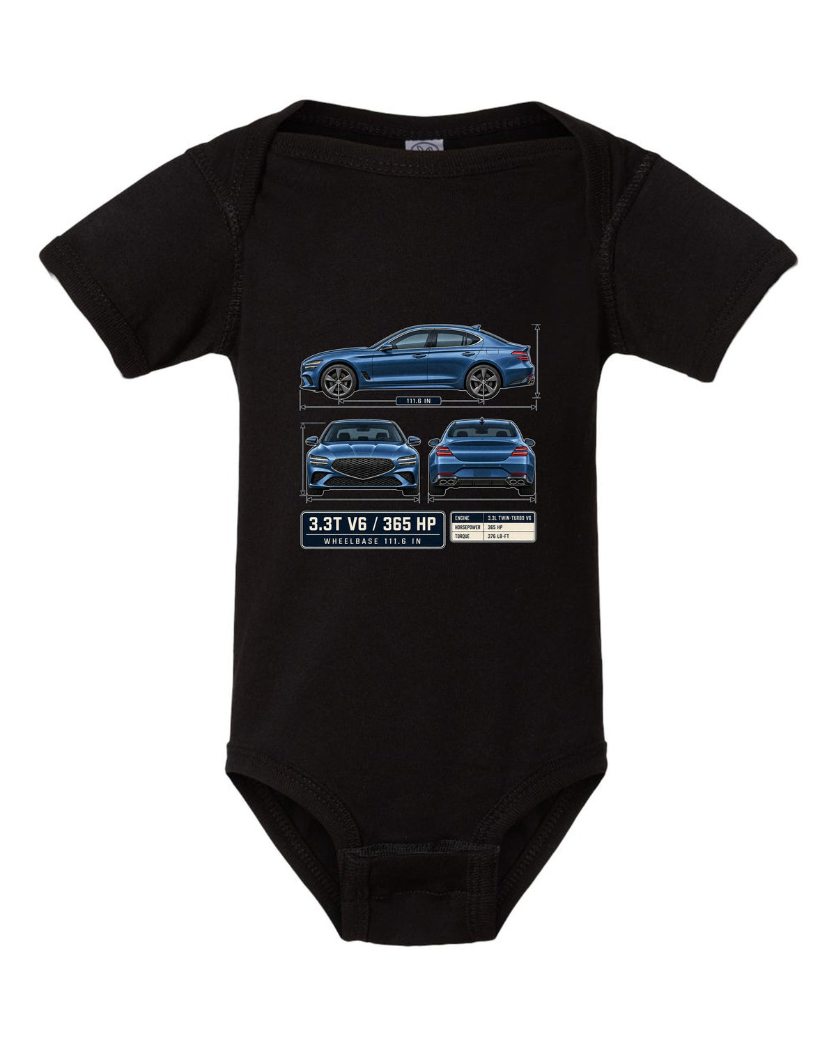 Dimension blueprint print of the Genesis G70 3.3T with V6 and 365 HP callouts black baby onesie front view with the design