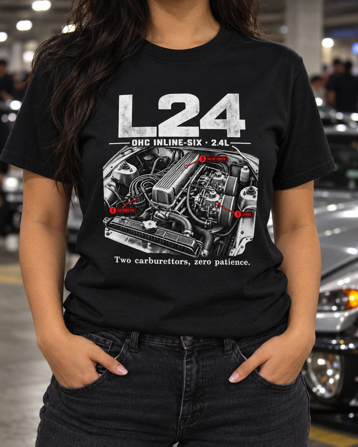 Datsun 240Z S30 L24 Inline-Six Engine Bay Shirt, Classic Tee T-Shirt Black worn hero